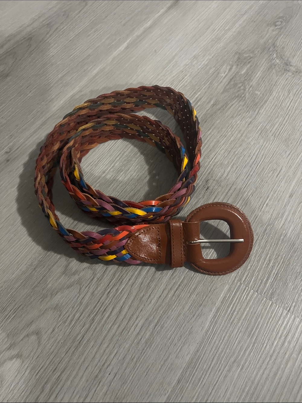 Braided Brown Leather Belt with Multicolor Accents